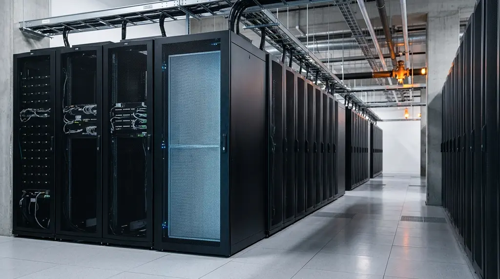 Server racks with precision cooling and overhead cable trays