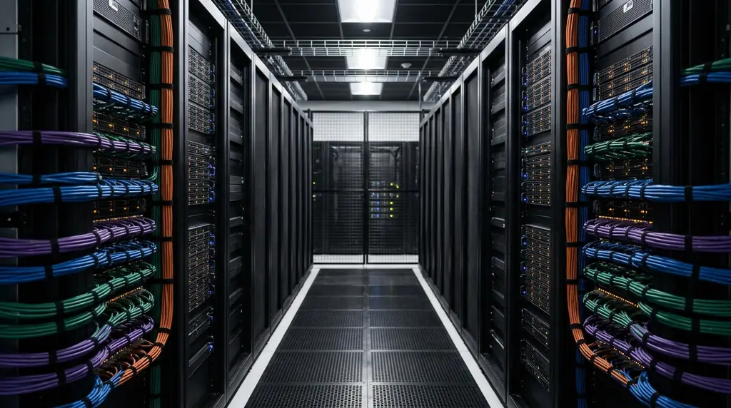 Server room aisle with neatly bundled, color-coded network cables