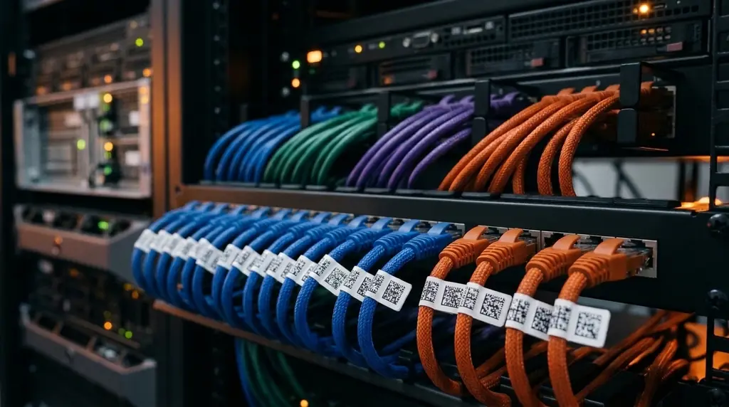 Patch panel with color-coded patch cords, each with a QR label