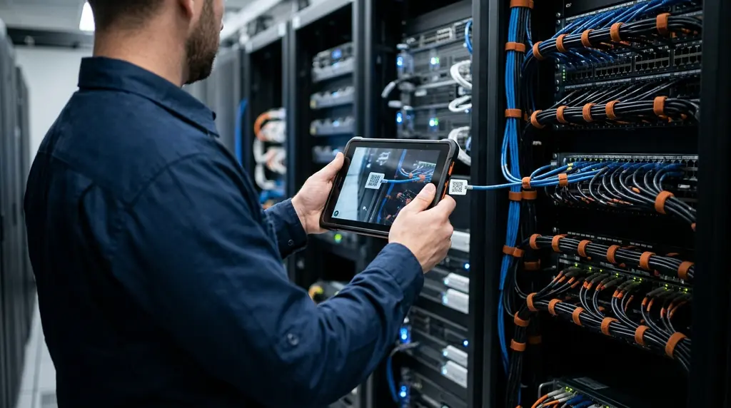 Technician in a server room scanning a QR label on a cable with a tablet