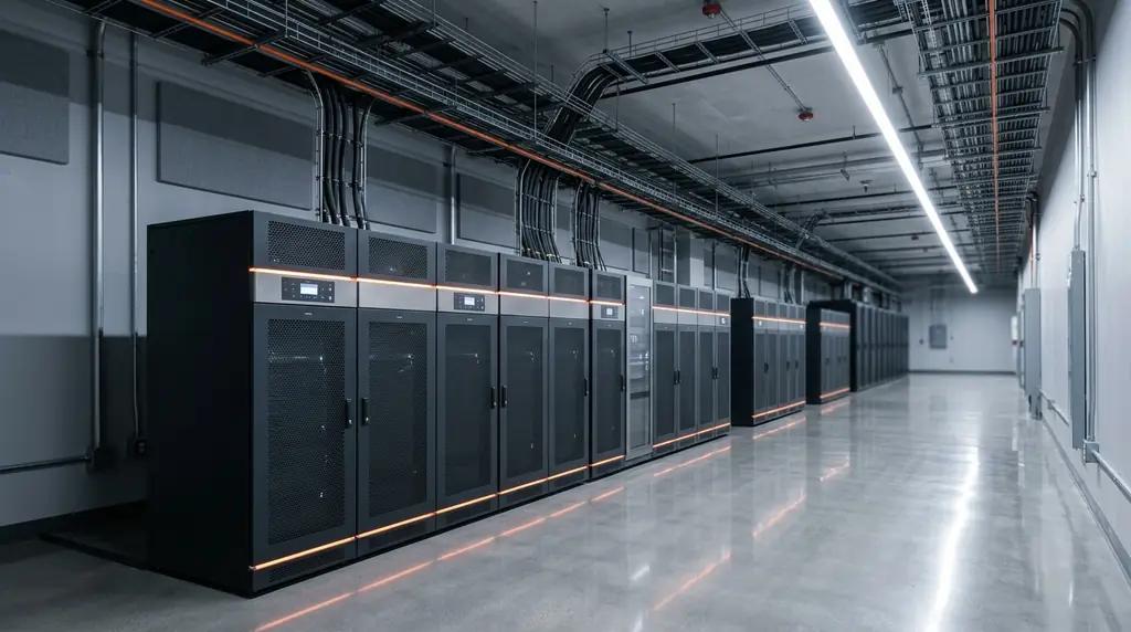 Row of UPS cabinets in a power room