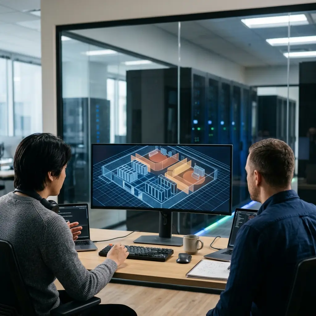 Two IT engineers reviewing a server room plan on a monitor