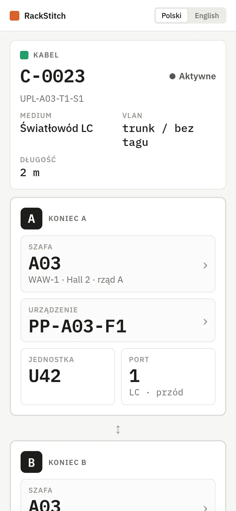 Widok na telefonie po zeskanowaniu etykiety kabla: kabel C-0023, światłowód LC, koniec A w szafie A03 na porcie 1 panelu krosowego