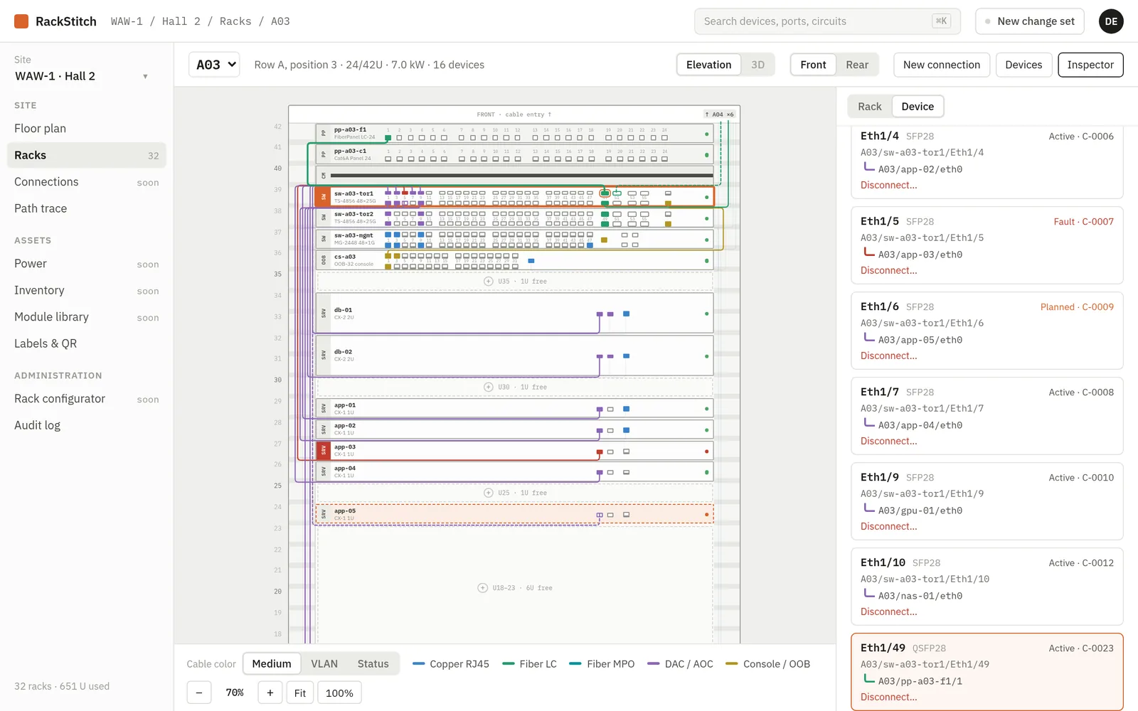 RackStitch rack elevation of rack A03: devices with every port, patch cords routed through the side channels, and the inspector listing the selected switch’s ports